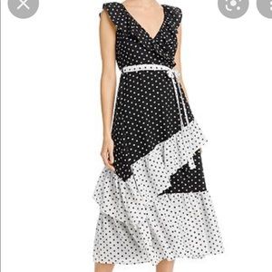 AQUA Color-Block Polka Dot Midi Dress